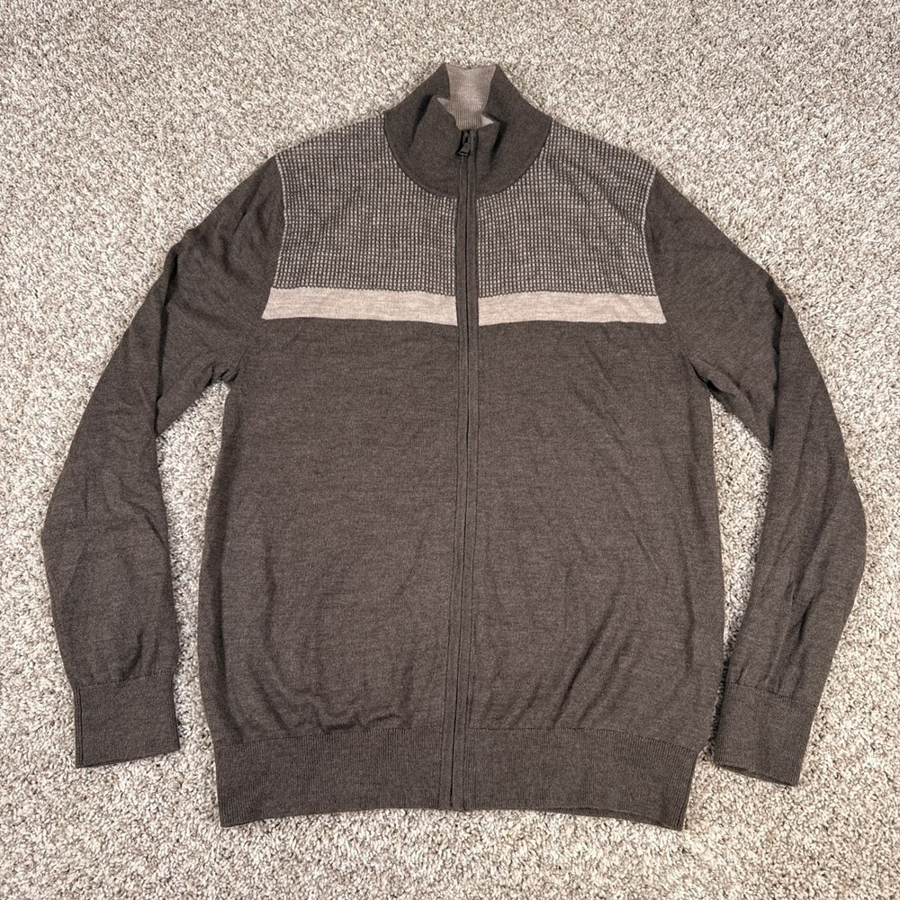 Banana Republic Sweater Mens L Brown Merino Full Zip Mock Neck Academia